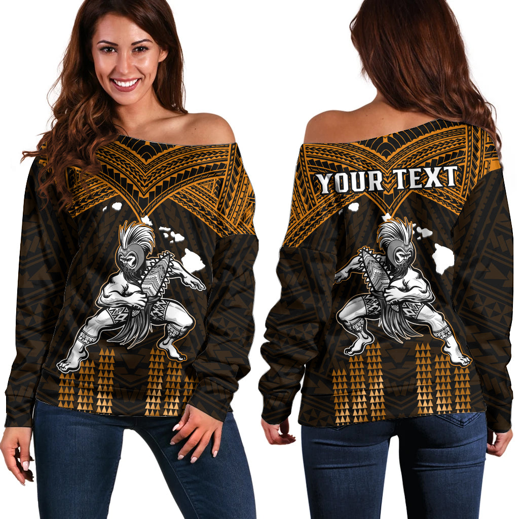 (Custom Personalised) Hawaii Off Shoulder Sweater Hawaiian Warrior With Weapon Polynesian Ver.07 LT14 Women Gold - Polynesian Pride