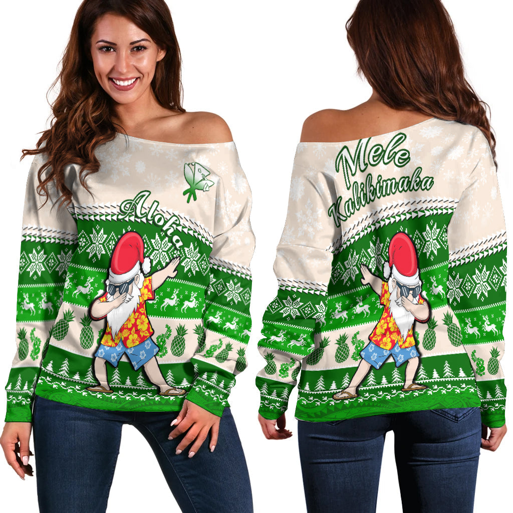 Hawaii Mele Kalikimaka Off Shoulder Sweater Dabbing Santa Green Merry Christmas LT14 Women Green - Polynesian Pride