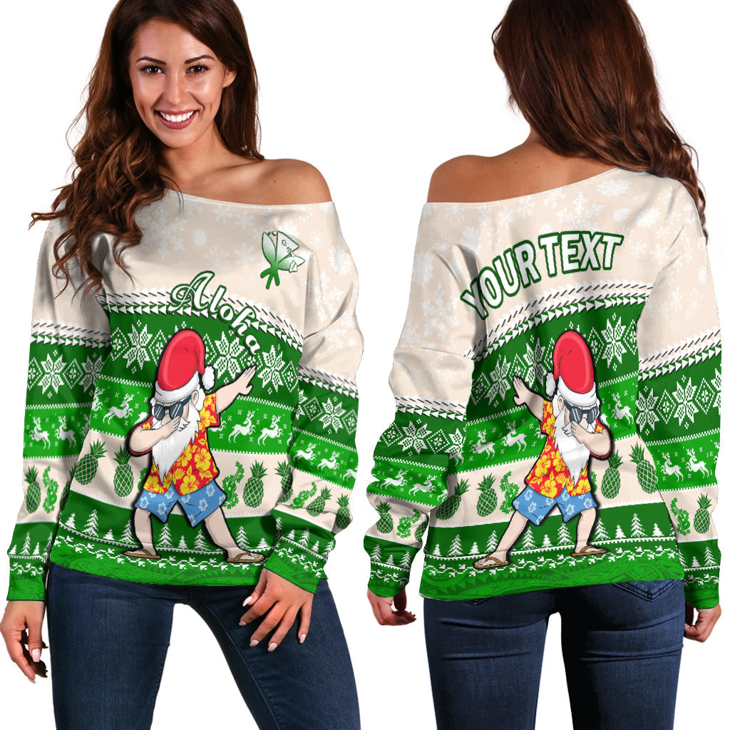 (Custom Personalised) Hawaii Mele Kalikimaka Off Shoulder Sweater Dabbing Santa Green Merry Christmas LT14 Women Green - Polynesian Pride