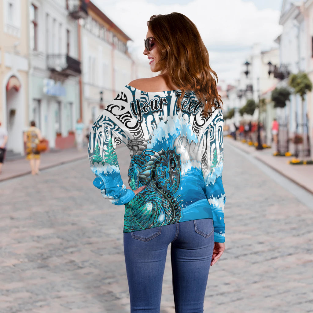 (Custom Personalised) Manaia Maori Off Shoulder Sweater Fern Aotearoa Blue Waves LT13 - Polynesian Pride