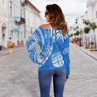 Fiji Rugby Sevens Off Shoulder Sweater Fijian 7s Tapa Polynesian Blue Ver.01 LT13 - Polynesian Pride