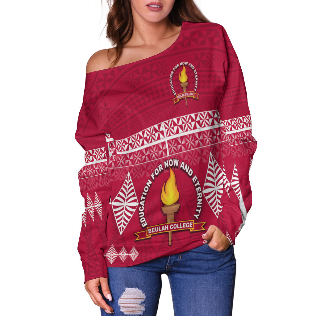 (Custom Text and Number) Beulah College Off Shoulder Sweater Ngatu Pattern Tonga LT13 - Polynesian Pride
