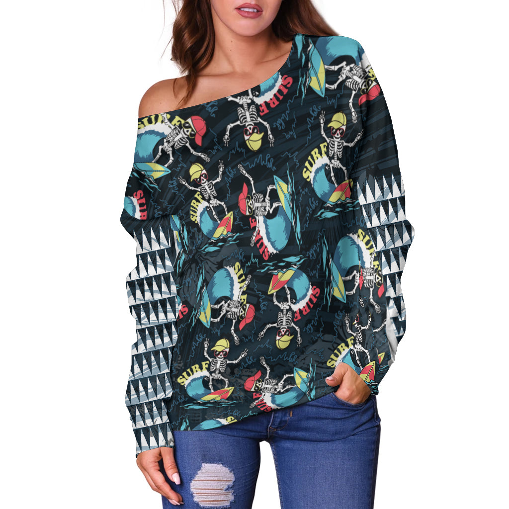 Hawaii Skeleton Surf Off Shoulder Sweater Halloween Hawaiian Tribal LT13 Women Black - Polynesian Pride