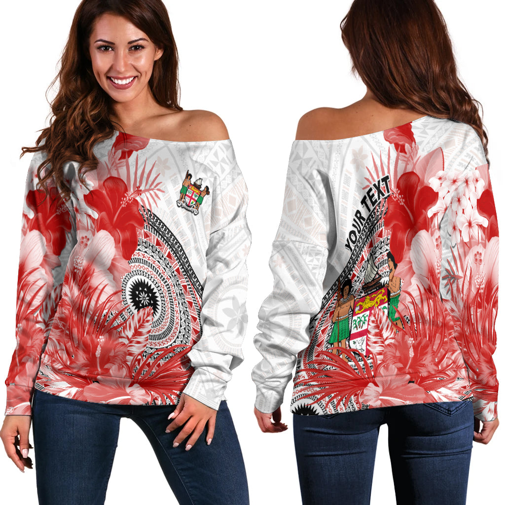 (Custom Personalised) Fiji Tapa Off Shoulder Sweater Red Fijian Masi Be Loved Hibiscus LT13 Women Red - Polynesian Pride