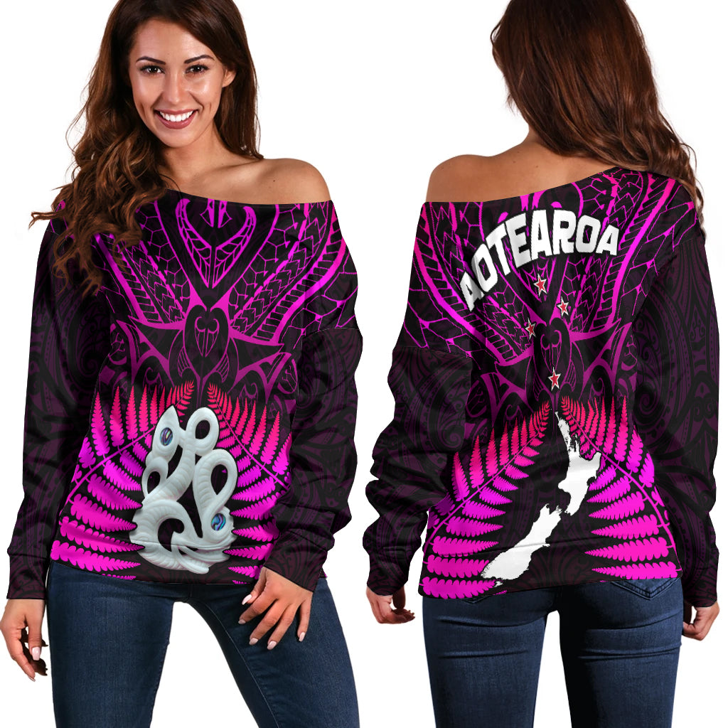 Aotearoa Fern Off Shoulder Sweater New Zealand Hei Tiki Purple Style LT13 Women Purple - Polynesian Pride