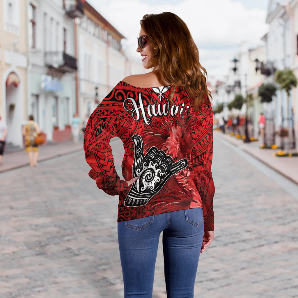 The Shaka Hawaii Off Shoulder Sweater Tropical Flowers Red Version LT13 - Polynesian Pride