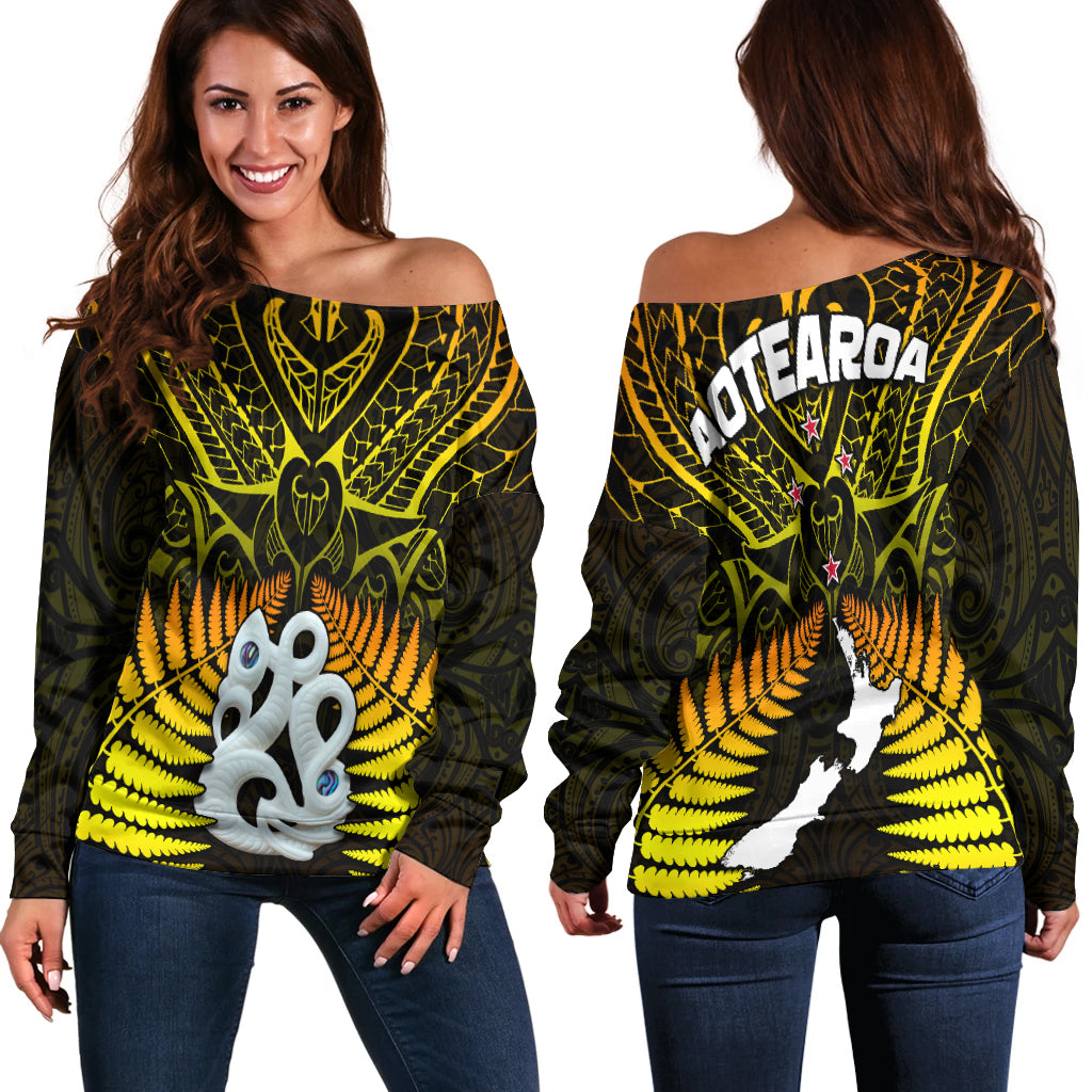 Aotearoa Fern Off Shoulder Sweater New Zealand Hei Tiki Gold Style LT13 Women Gold - Polynesian Pride