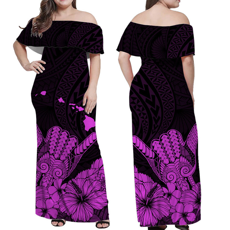 Hawaii Shaka Sign Off Shoulder Long Dress Purple Version LT9 - Polynesian Pride
