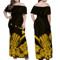 Hawaii Shaka Sign Off Shoulder Long Dress Gold Version LT9 - Polynesian Pride
