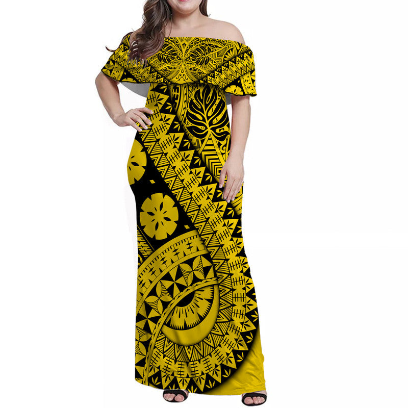 Polynesian Masi Kesa No2 Gold Style Women Off Shoulder Long Dress LT9 Women Gold - Polynesian Pride