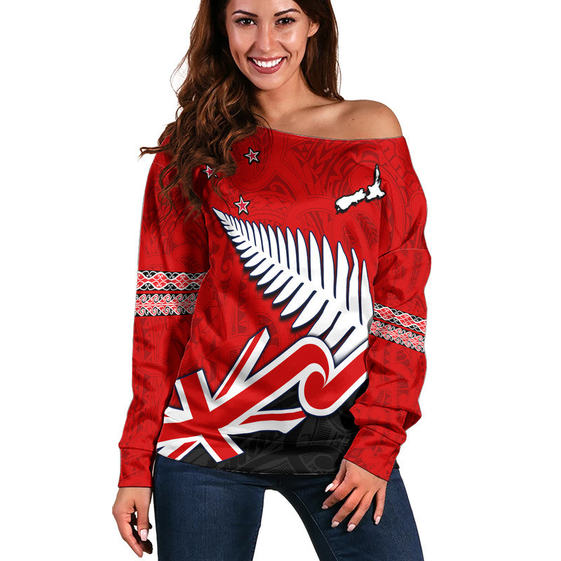 Waitangi Women Off Shoulder Sweater Aotearoa Tino Rangatiratanga Flag with Silver Fern LT9 Women Red - Polynesian Pride