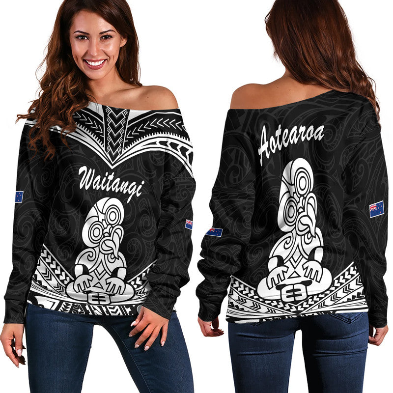 Waitangi Maori Tiki Women Off Shoulder Sweater LT9 Women Black - Polynesian Pride