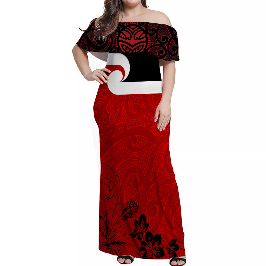Maori Floral Pattern Off Shoulder Long Dress Tino Rangatiratanga Flag | Polynesian pride