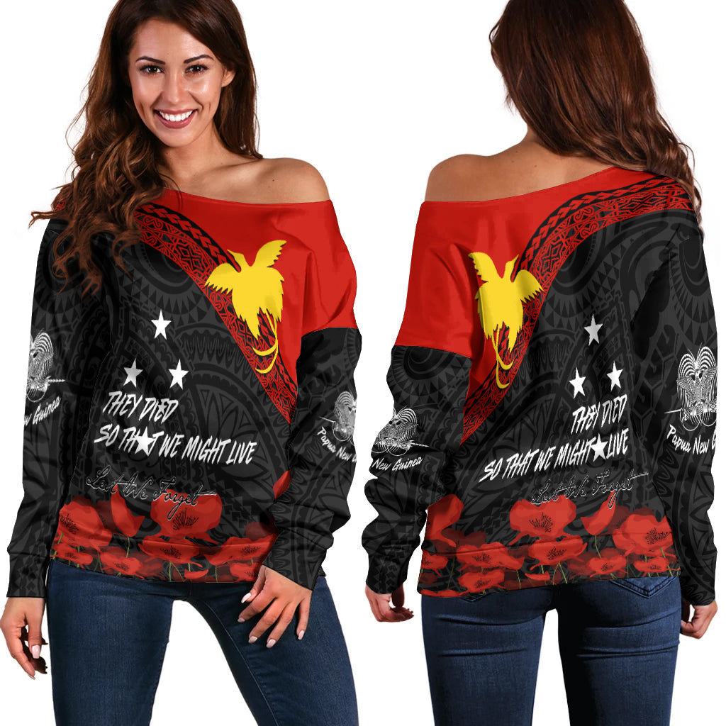 Papua New Guinea Off Shoulder Sweater PNG Remembrance Day LT7 Women Black - Polynesian Pride