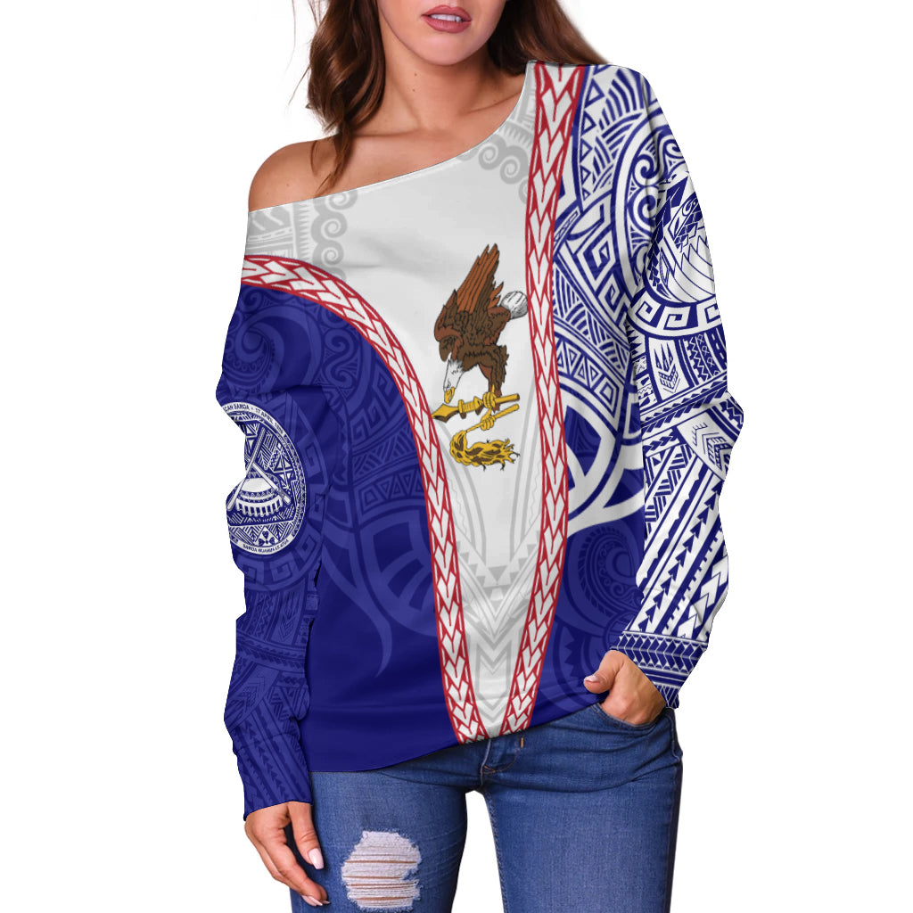 American Samoa Flag Day Off Shoulder Sweater Mix Style LT7 Blue - Polynesian Pride