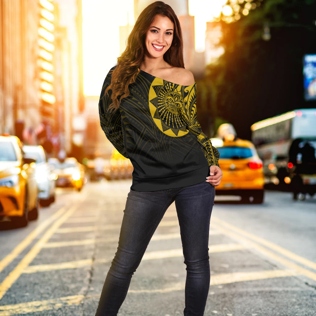 Polynesian Full Sleeve Tattoo Off Shoulder Sweater Gold Vibes LT7 - Polynesian Pride