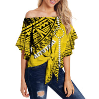 Cook Islands Tribal Personalised Off Shoulder Waist Wrap Top Island Map - Aitutaki Island LT7 Female Yellow - Polynesian Pride