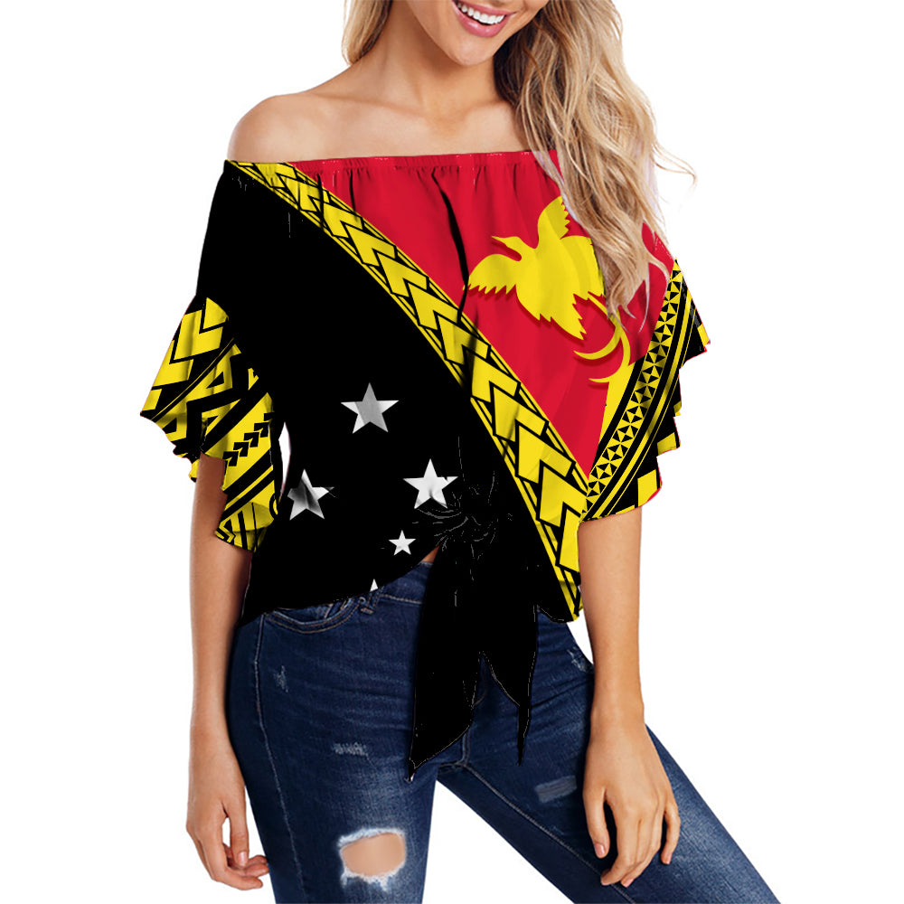 PNG Hibiscus Tribal Pattern Off Shoulder Waist Wrap Top Bird - of - Paradise LT7 Female Black - Polynesian Pride