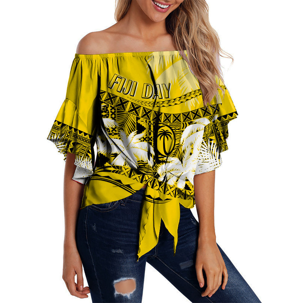 Personalised Fiji Day Off Shoulder Waist Wrap Top Flying Fijians Masi Kesa Style - Gold LT7 Women Gold - Polynesian Pride