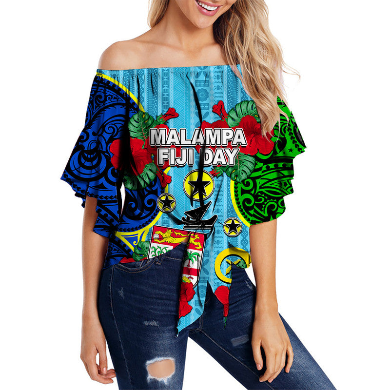 Malampa Fiji Day Hibiscus Off Shoulder Waist Wrap Top Style LT6 Women Blue - Polynesian Pride