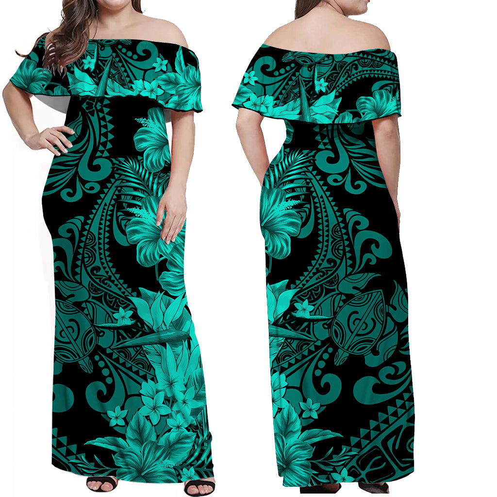 Hawaii Flowers Mix Tribal Pattern Off Shoulder Long Dress - LT6 Women Turquoise - Polynesian Pride