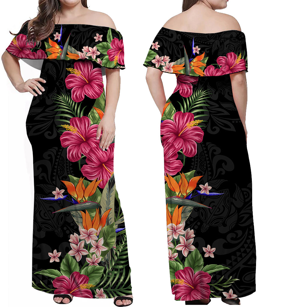 Hawaii Flowers Mix Tribal Pattern Off Shoulder Long Dress - LT6 Women Art - Polynesian Pride
