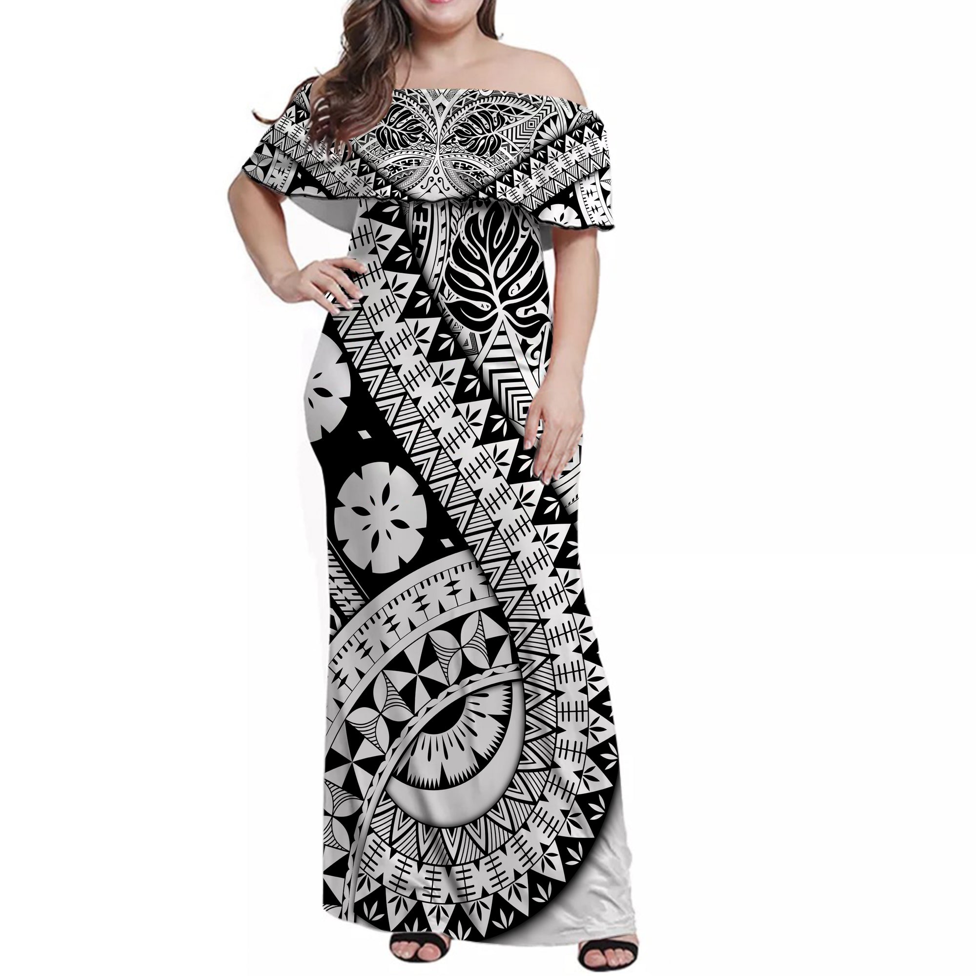 Polynesian Masi Kesa No2 Black Style Women Off Shoulder Long Dress LT9 Women Blue - Polynesian Pride