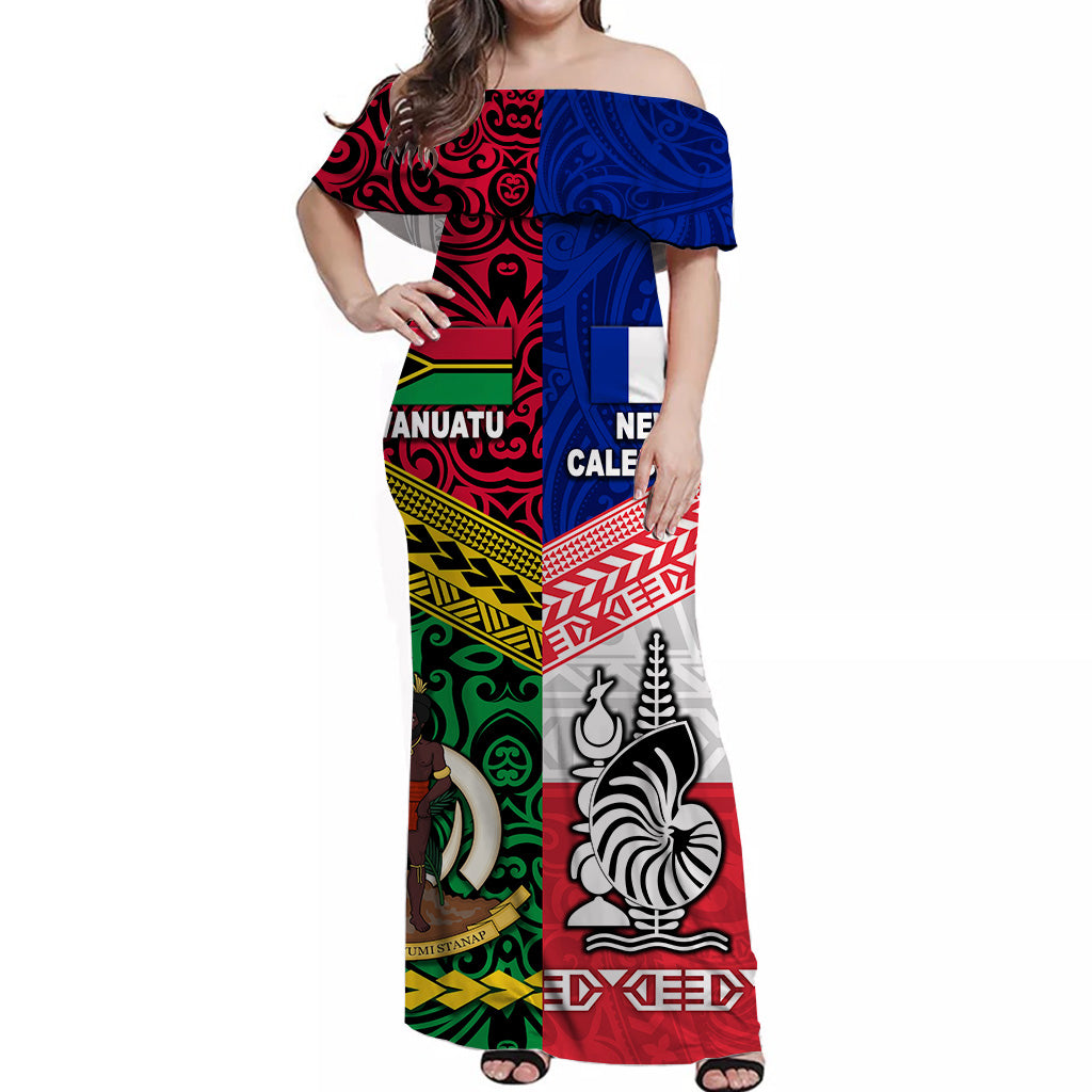 Vanuatu And New Caledonia Flag Style Off Shoulder Long Dress Together LT8 - Polynesian Pride