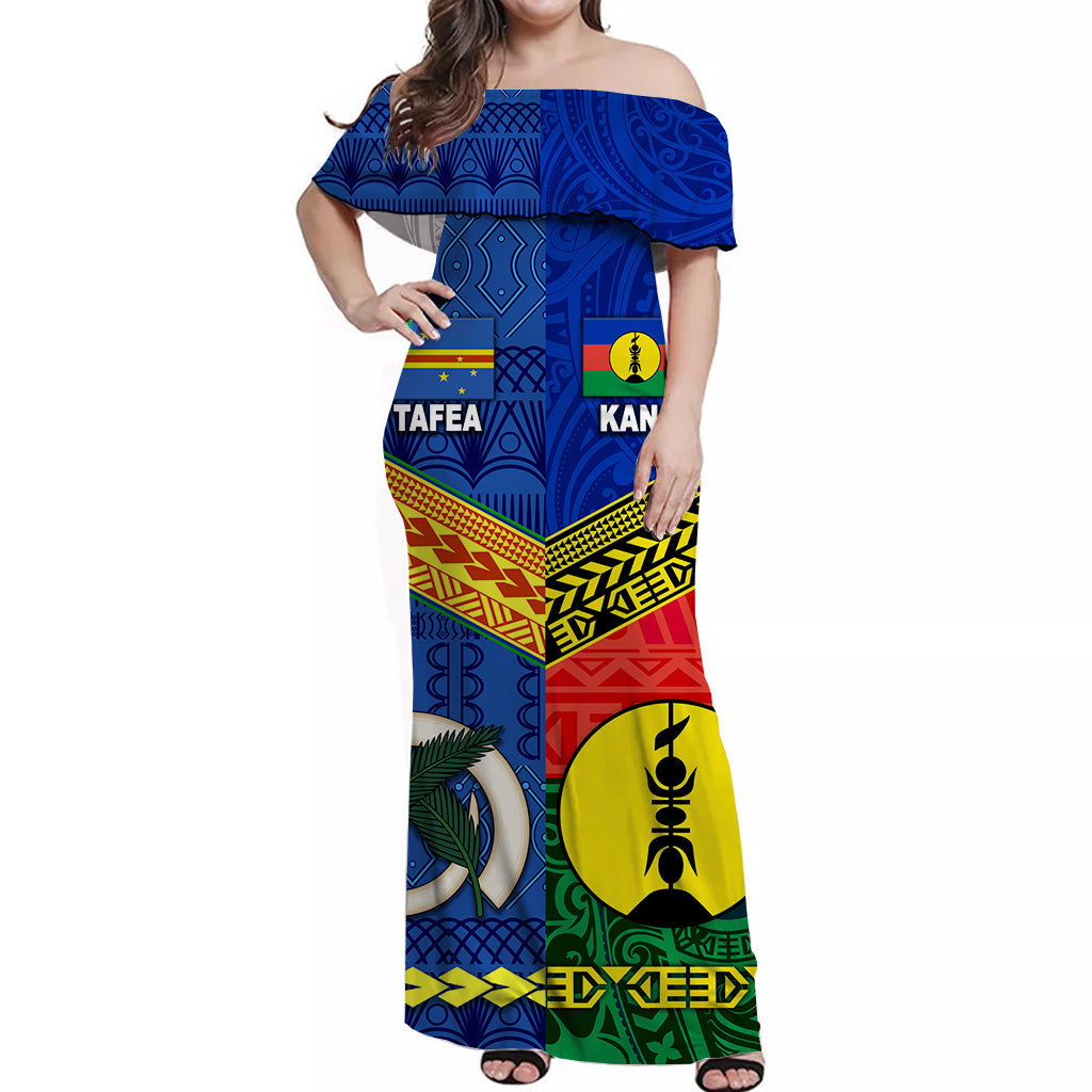 Vanuatu Tafea Province and Kanaky New Caledonia Off Shoulder Long Dress Together LT8 Long Dress Blue - Polynesian Pride