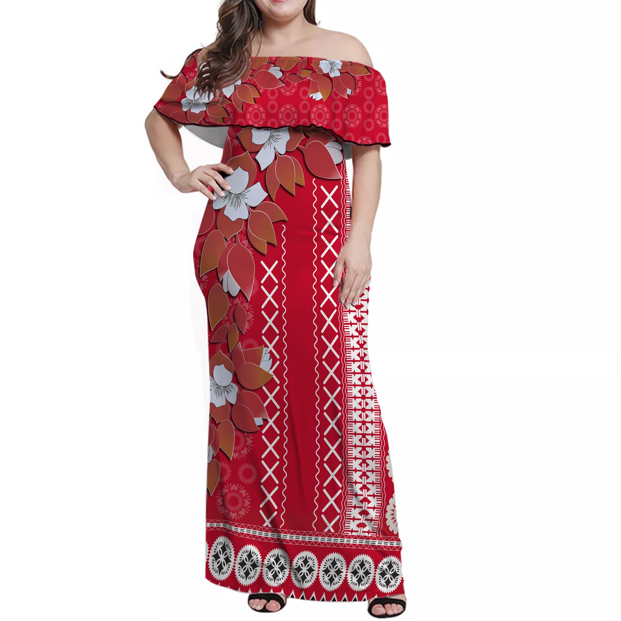 Fiji Off Shoulder Long Dress Tagimoucia Mixed White Tapa Style LT9 Women Red - Polynesian Pride