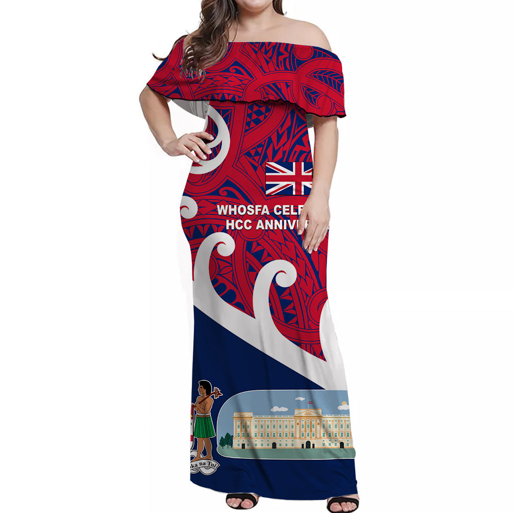 Whosfa Celebrates HCC Anniversary Fiji United Kingdom Off Shoulder Long Dress Silver Fern Koru Vibes - Navy Blue LT8 Women Red - Polynesian Pride