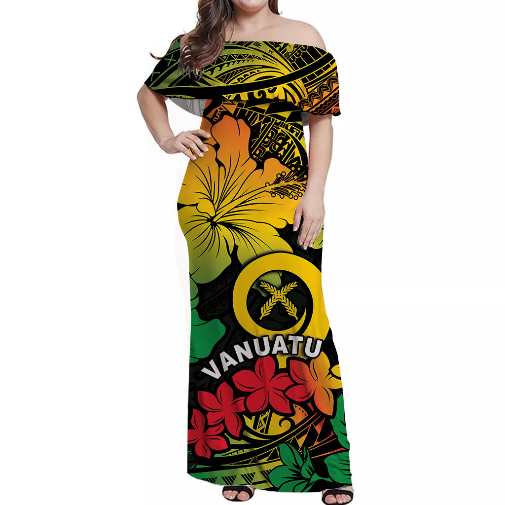 Vanuatu Off Shoulder Long Dress Hibiscus Mix Polynesian LT6 Long Dress Black - Polynesian Pride