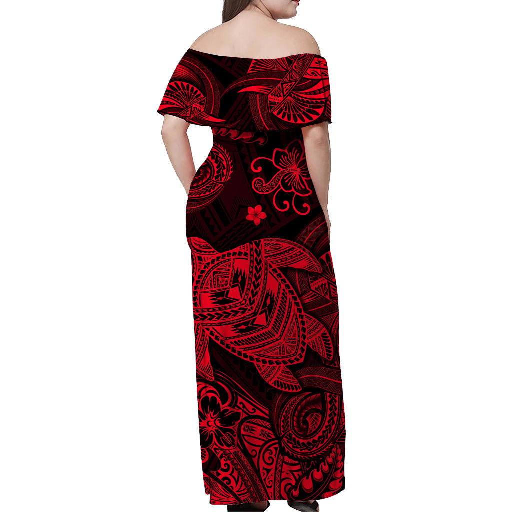 Hawaii Turtle Polynesian Off Shoulder Long Dress Plumeria Flower Unique Style - Red LT8 - Polynesian Pride