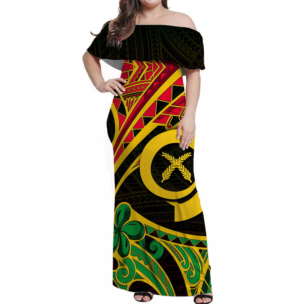 Vanuatu Off Shoulder Long Dress Tribal Tattoo No.2 LT6 Women Black - Polynesian Pride