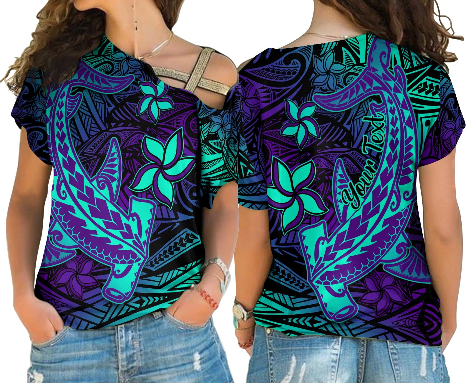 (Custom Personalised) Polynesian Cross Shoulder Shirt Purple Paradise Hawaiian Tribal Hammerhead Shark LT14 Female Purple - Polynesian Pride