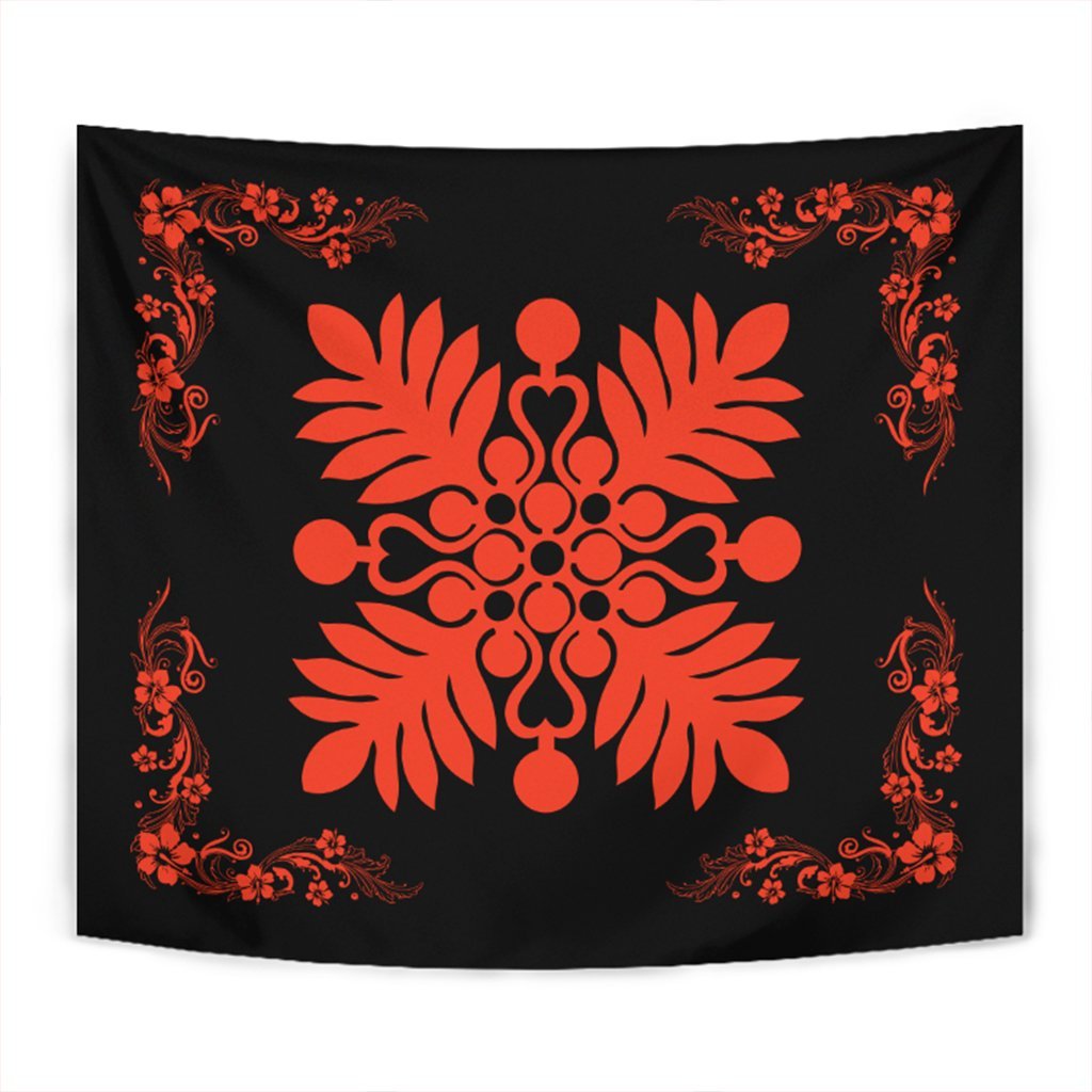 Hawaiian Quilt Maui Plant And Hibiscus Tappestry - Orange Black - AH Wall Tapestry Orange - Polynesian Pride