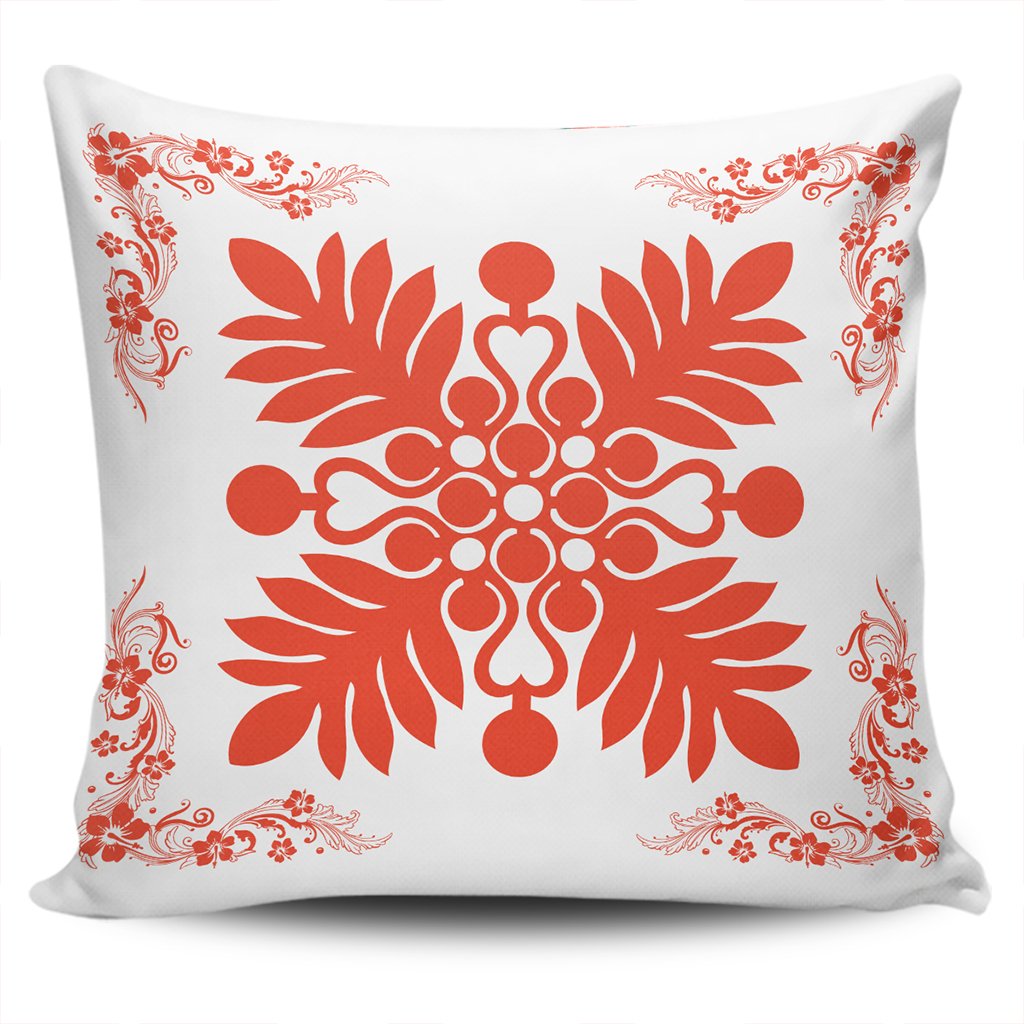 Hawaiian Quilt Maui Plant And Hibiscus Pattern Pillow Covers - Orange White - AH One Size Orange - Polynesian Pride