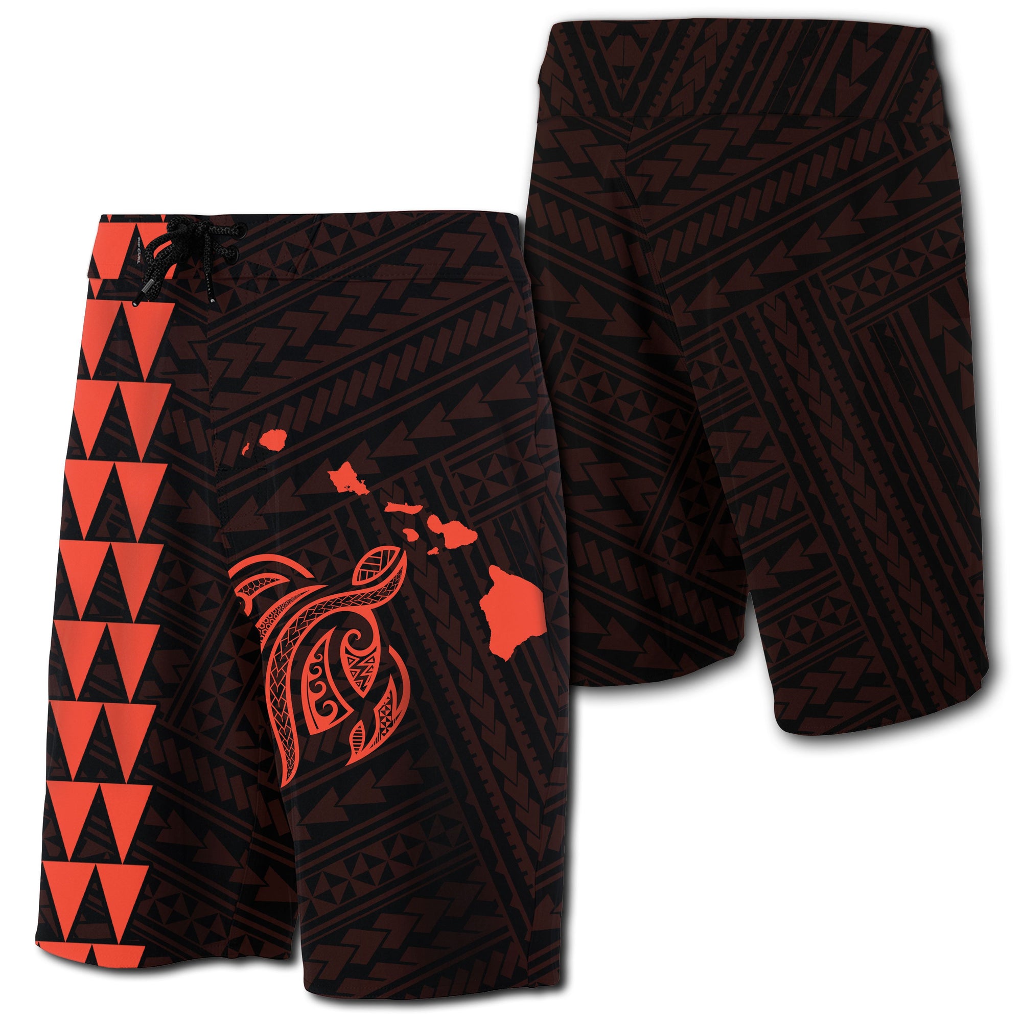 Hawaii Kakau Polynesian Turtle Map Board Shorts - Orange Men Orange - Polynesian Pride