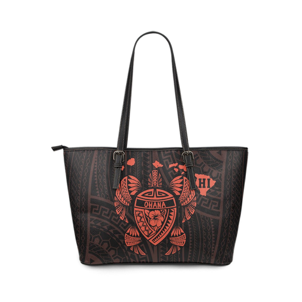 Hawaii Kakau Polynesian Turtle Map Large Leather Tote - Orange Orange - Polynesian Pride