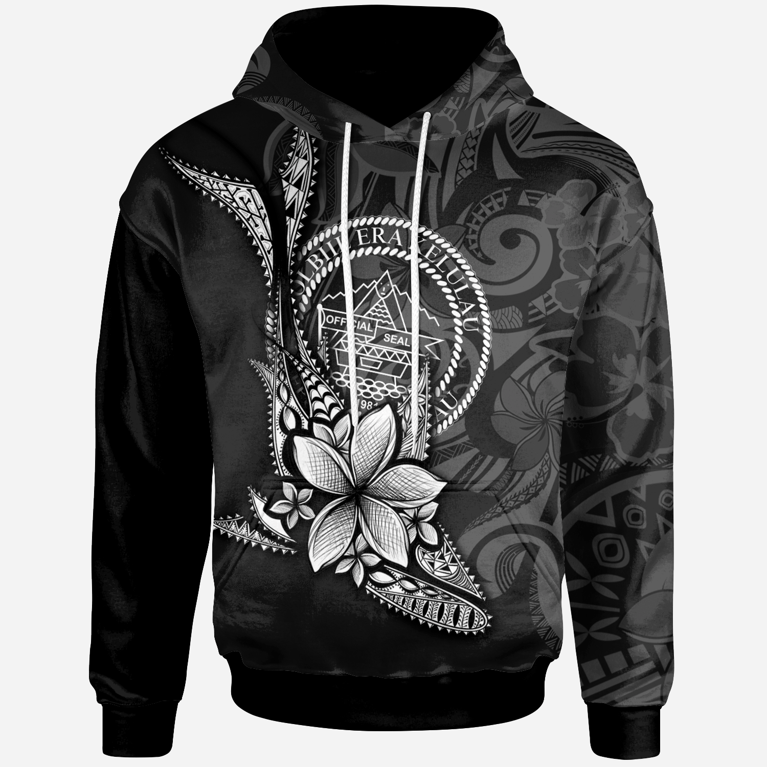 Palau Hoodie Fish With Plumeria Flowers Style Unisex Black - Polynesian Pride