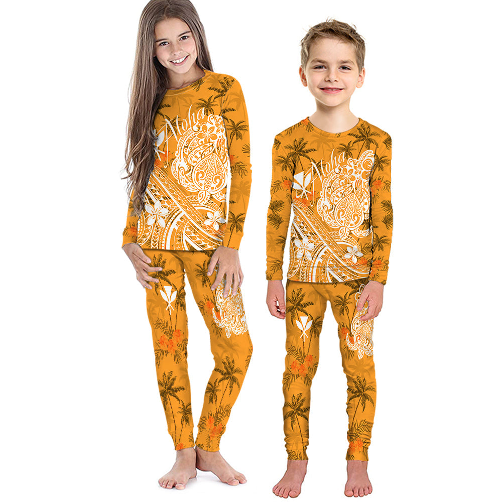 Hawaii Aloha Pajama Set KID Palm Trees Mix Turtle - Orange LT7 Kid Orange - Polynesian Pride