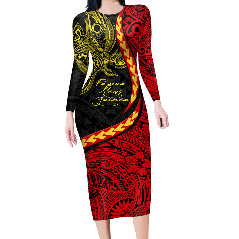 Papua New Guinea Long Sleeve Dress Unique Bird Style LT9 Polyester spandex Black - Polynesian Pride