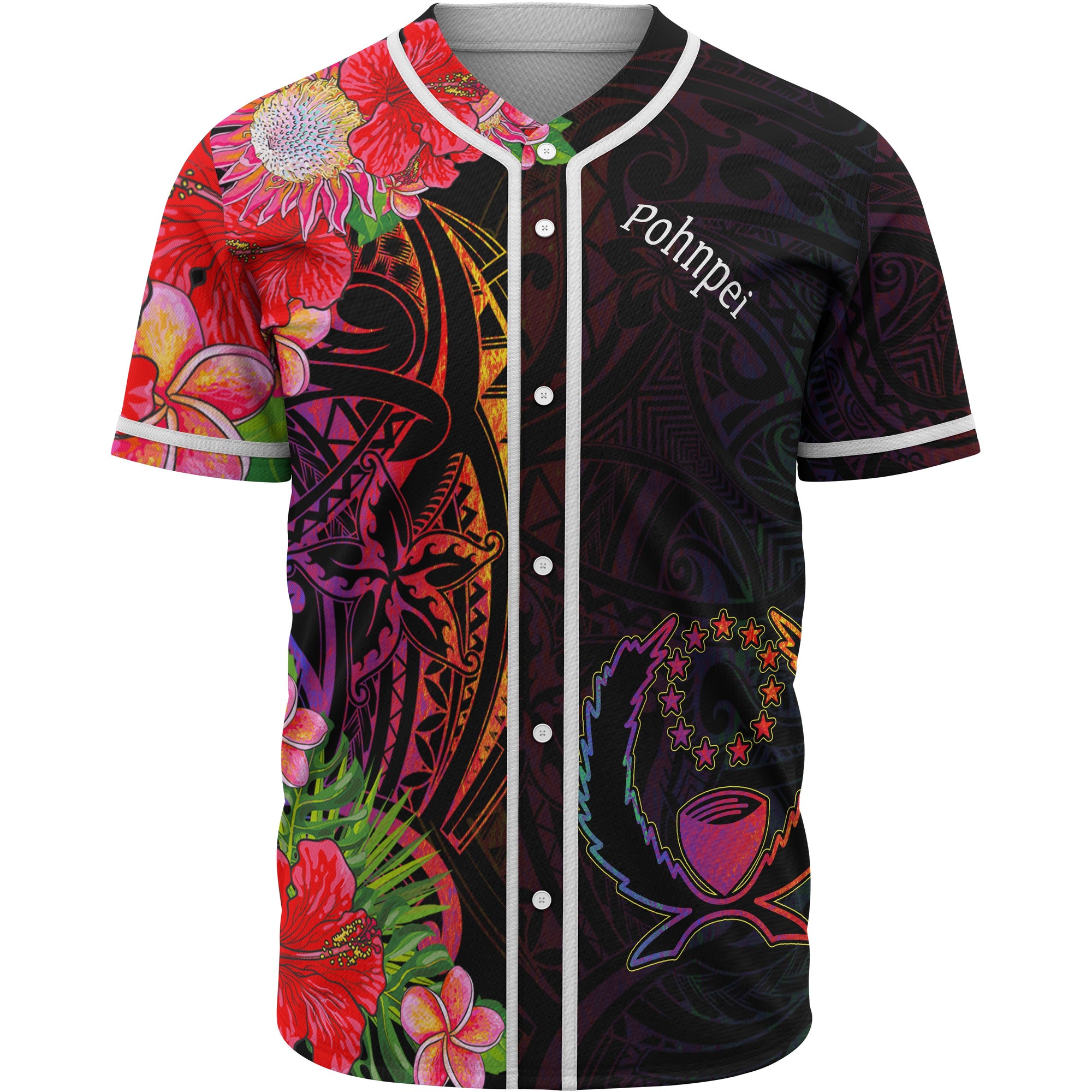 Pohnpei Baseball Shirt - Tropical Hippie Style Unisex Black - Polynesian Pride