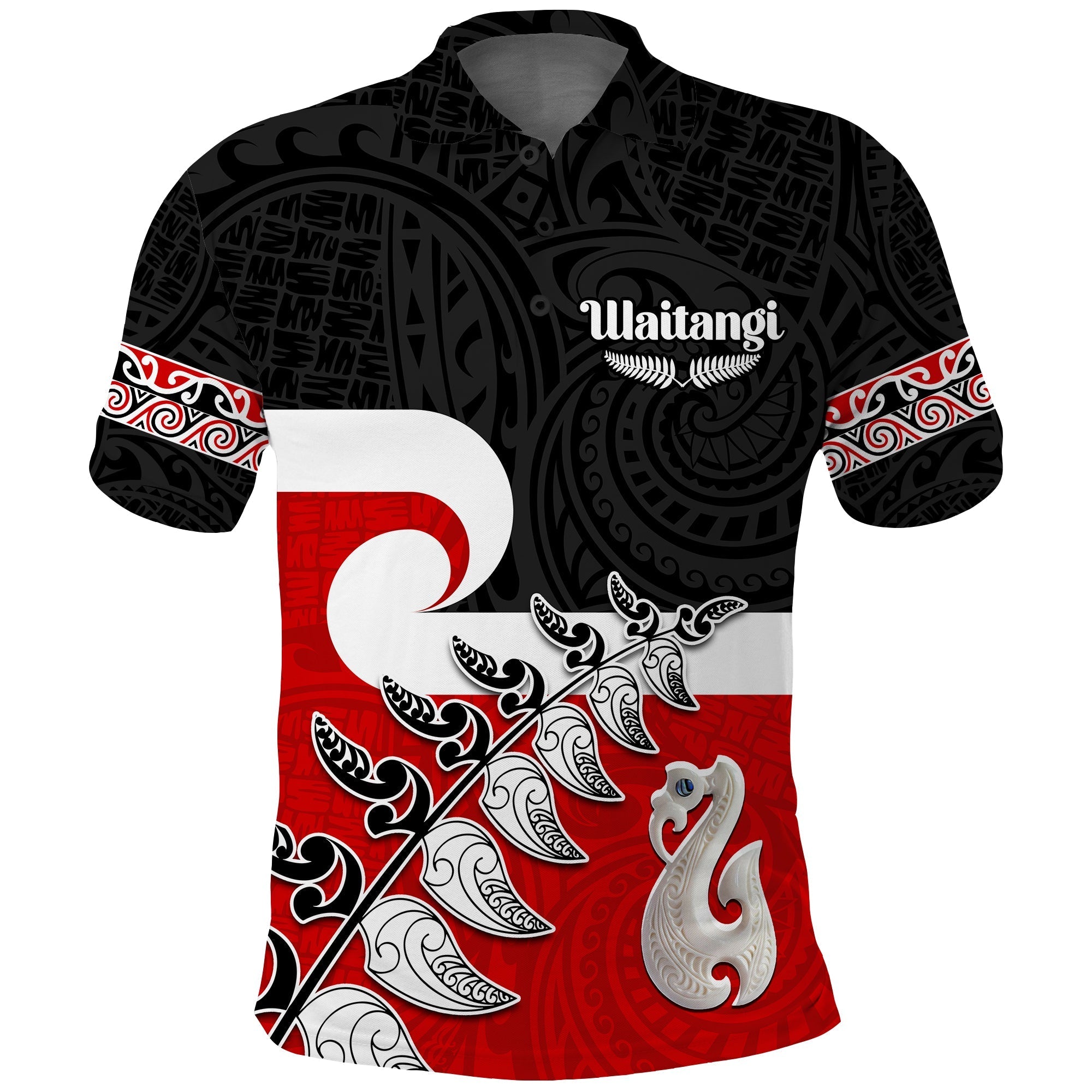 Waitangi Polo Shirt Aotearoa Maori Pattern Mix Fern and Manaia Koru LT13 Unisex Black - Polynesian Pride