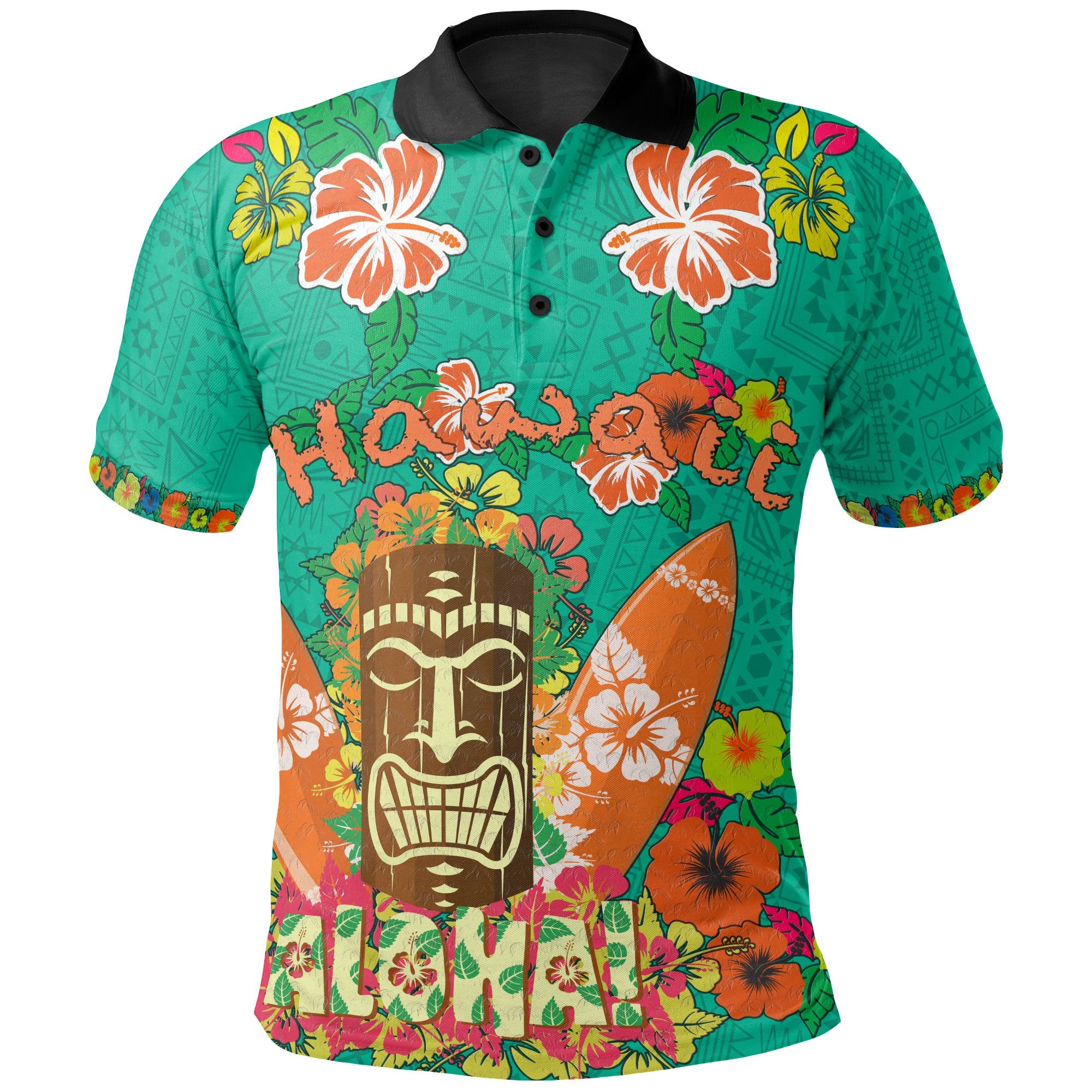 Hawaii All Over Polo Shirt Aloha Hawaii Tiki Statue Unisex Green - Polynesian Pride