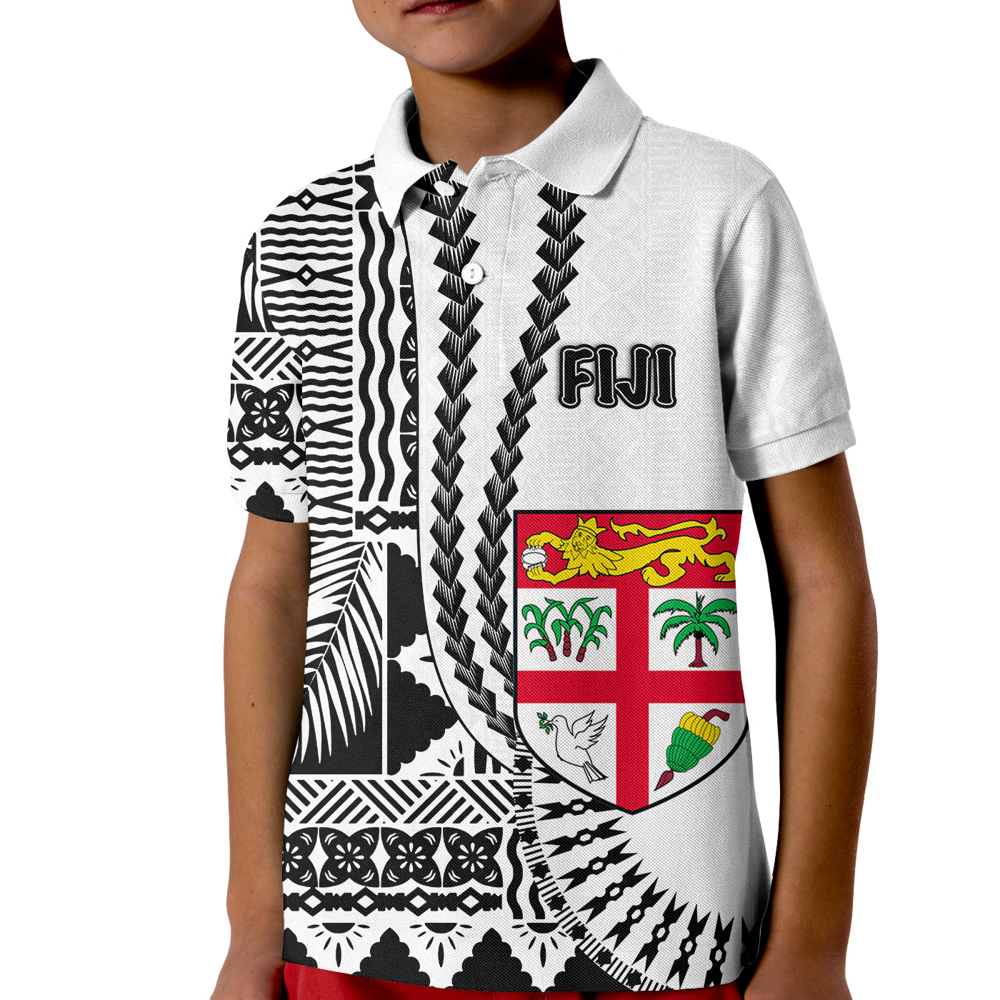 (Custom Personalised) Fiji Polo Shirt KID Masi Tapa Patterns White Style LT6 Unisex White - Polynesian Pride