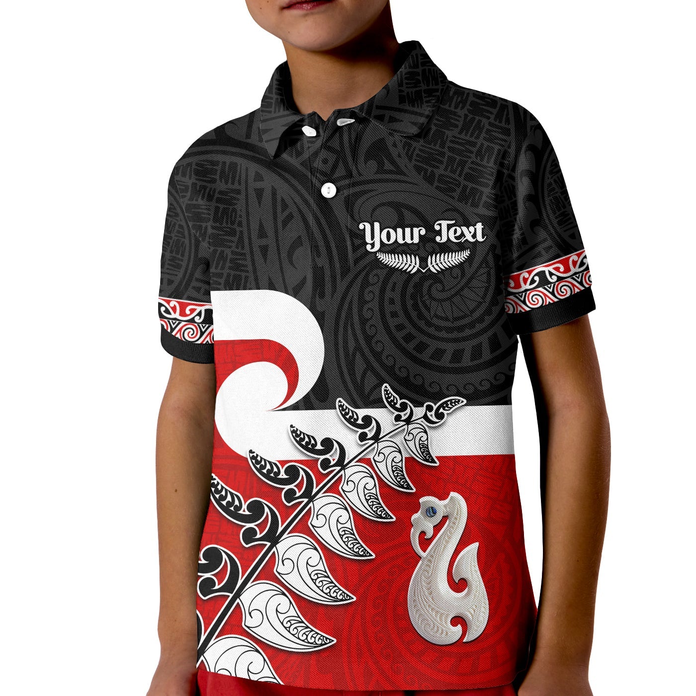 (Custom Personalised) Waitangi Polo Shirt KID Aotearoa Maori Pattern Mix Fern and Manaia Koru LT13 Unisex Black - Polynesian Pride