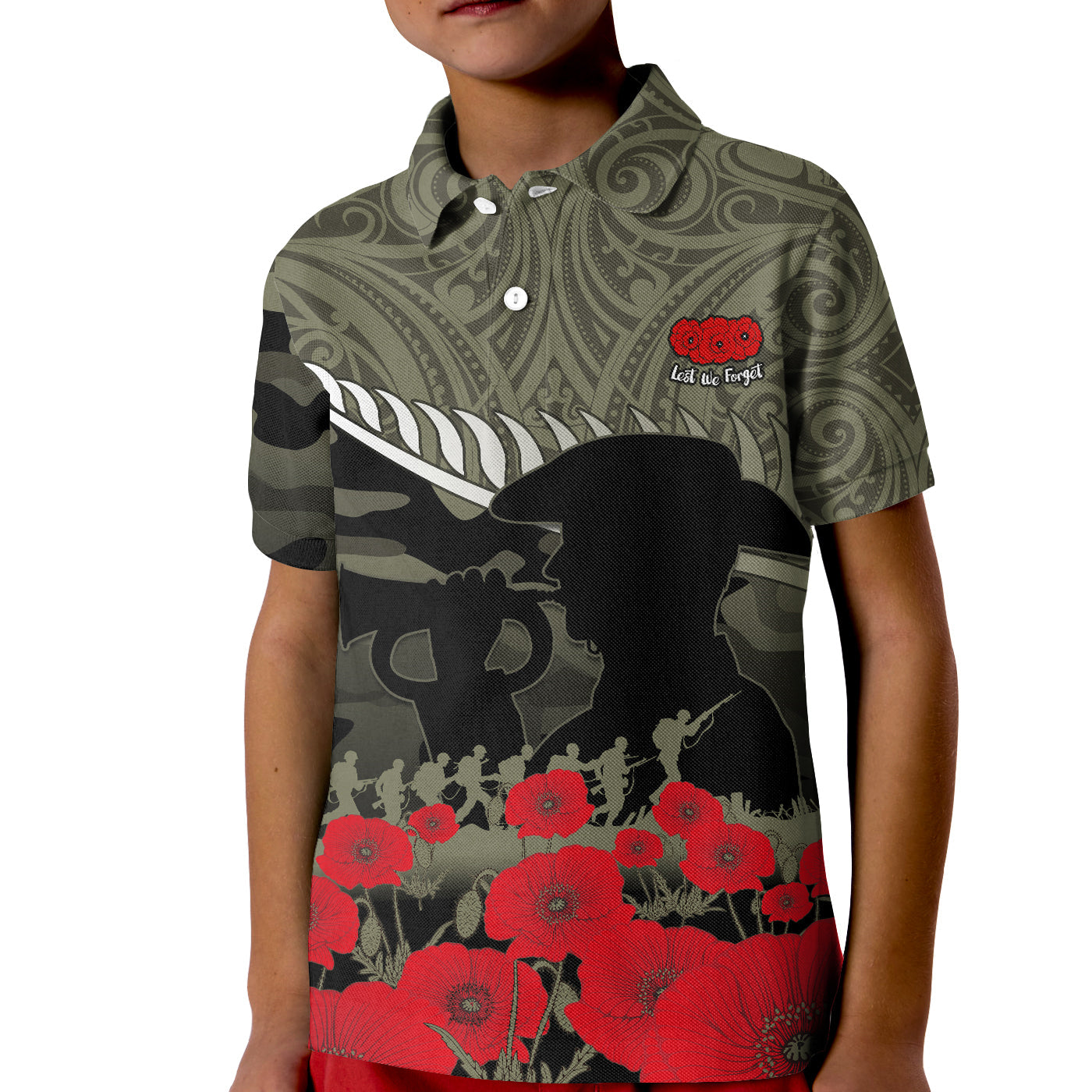 New Zealand ANZAC 2022 Polo Shirt KID Maori Camouflage LT14 Kid Blue - Polynesian Pride