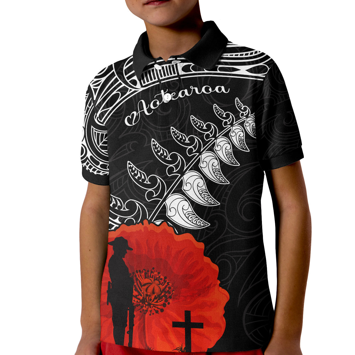 New Zealand Anzac 2022 Polo Shirt KID Maori Mix Fern Poppy LT13 Kid Black - Polynesian Pride