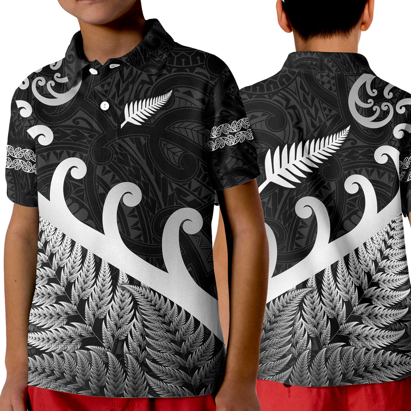 New Zealand Rugby Maori Polo Shirt KID Silver Fern Koru Vibes - Black LT8 Unisex Black - Polynesian Pride